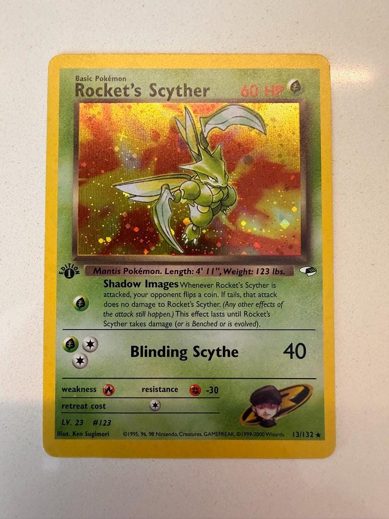 Rocket's Scyther 1st Edition #13 Gym Heroes proxy card, not real novelty