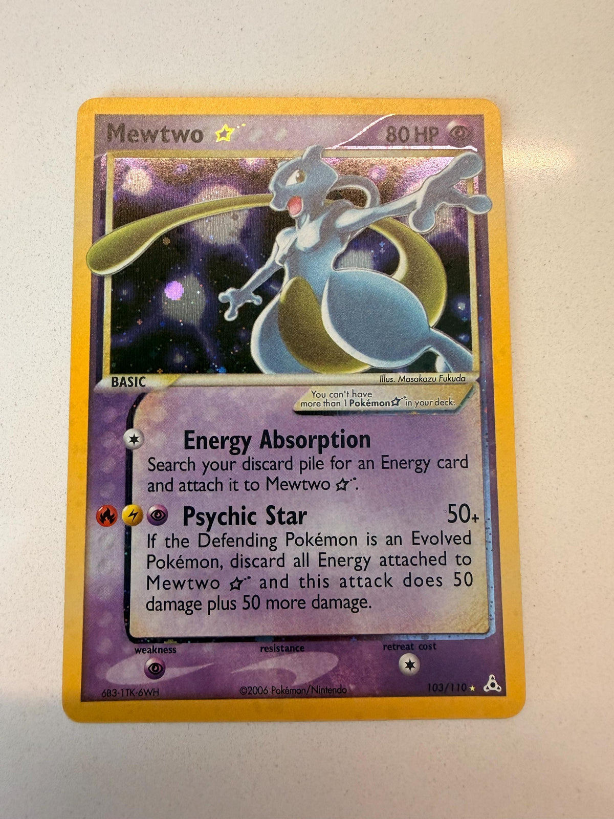 Mewtwo Gold Star #103 Holon Phantoms proxy card, not real novelty