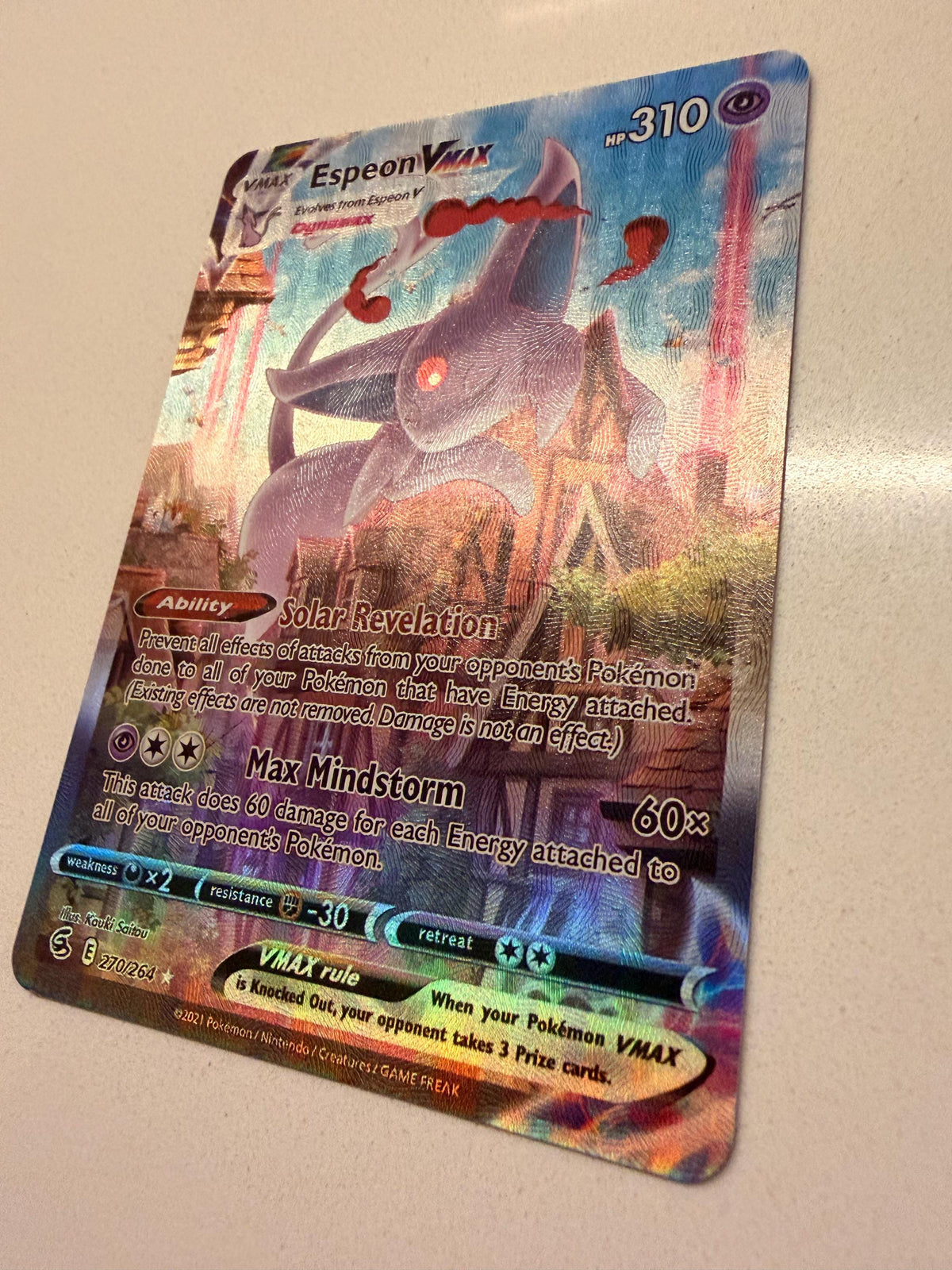 Espeon VMAX #270 Fusion Strike proxy card, not real novelty
