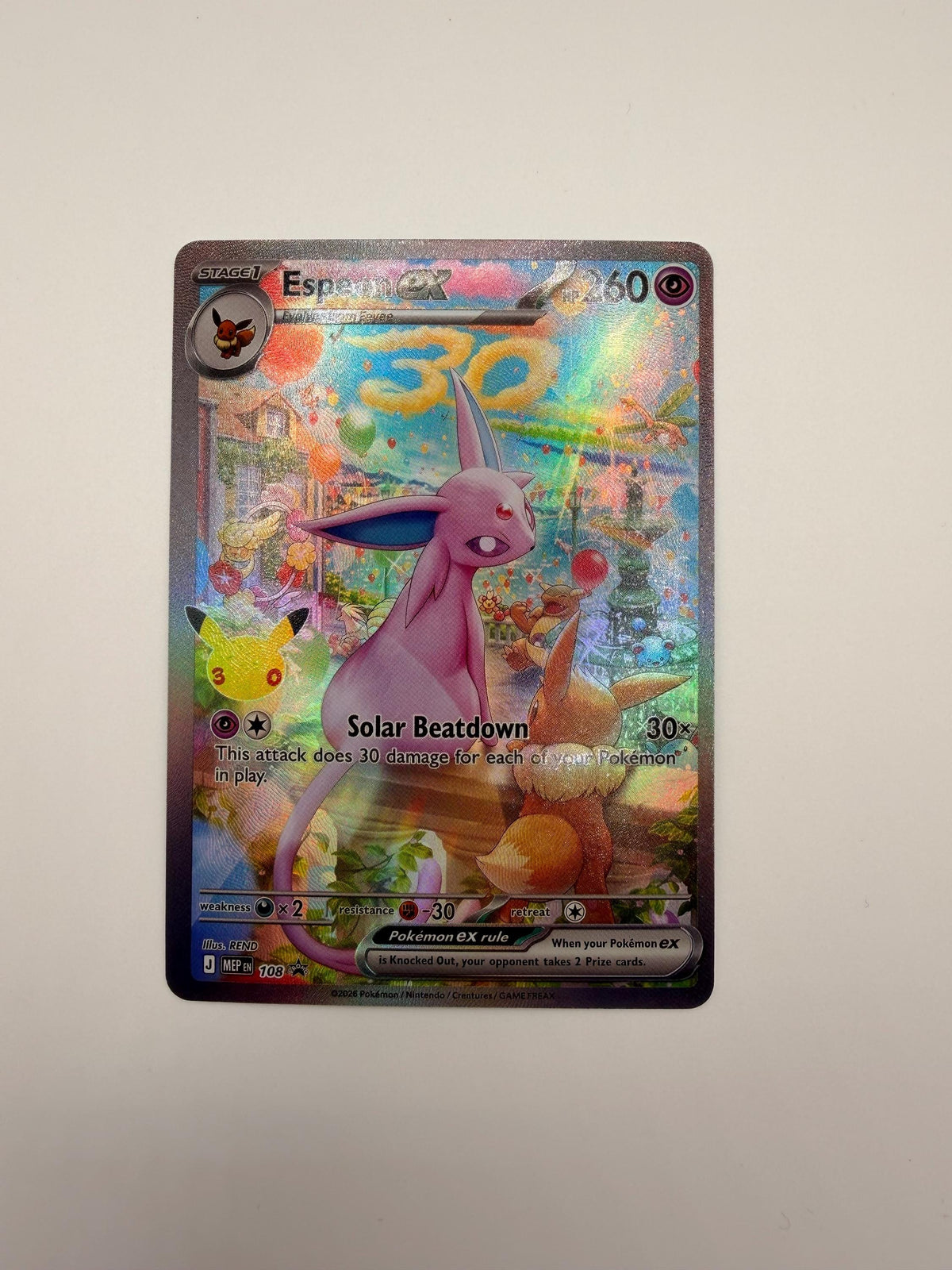 Espeon ex # 30th Celebration Mega Evolution Promo proxy card, not real novelty