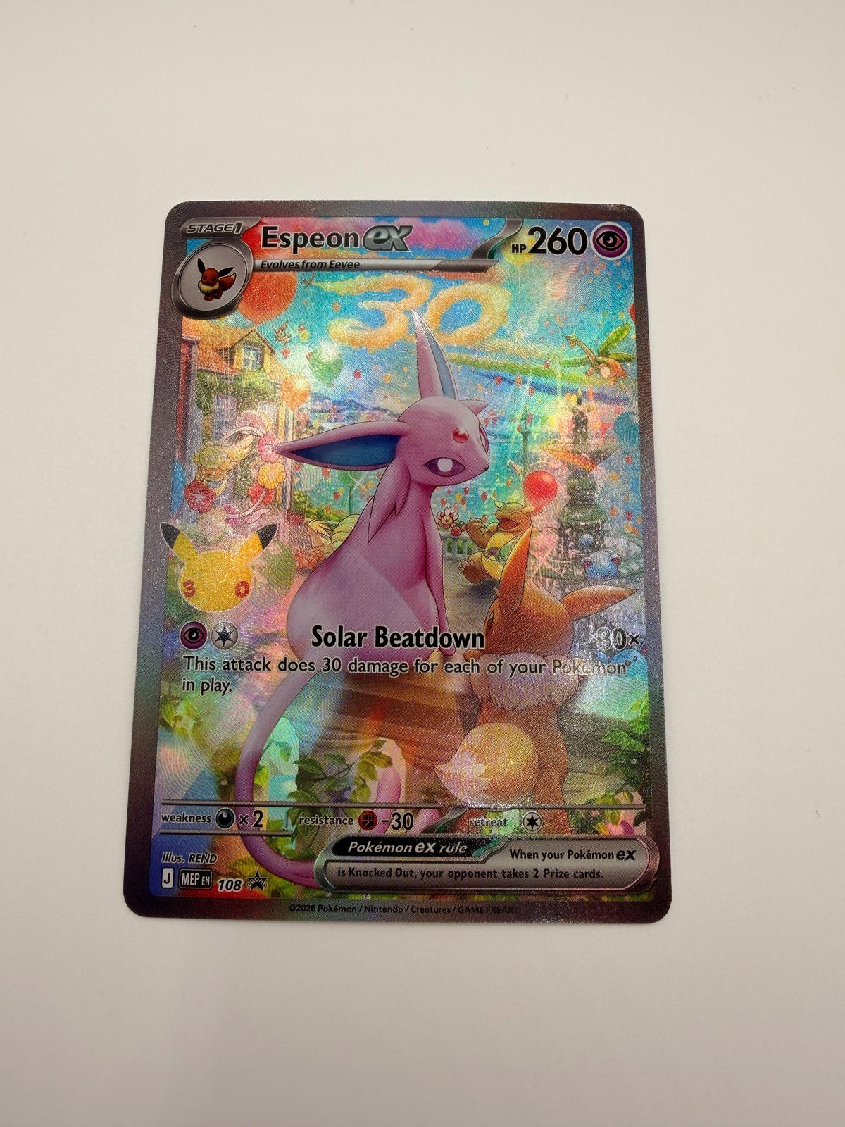 Espeon ex # 30th Celebration Mega Evolution Promo proxy card, not real novelty